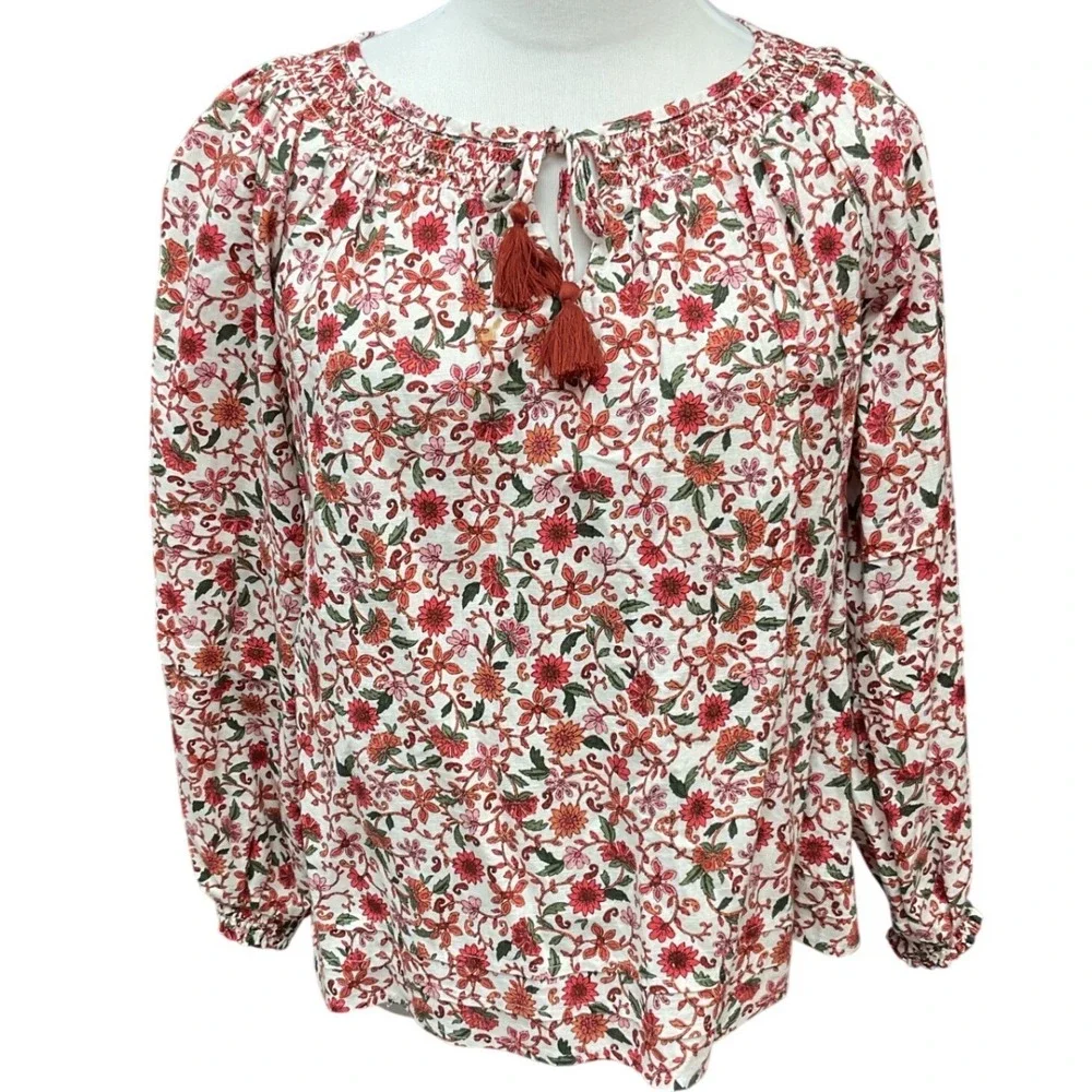 Cottagecore Puff-Sleeve Floral Printed‎ Smocked Poet Swing Oversized Top Size XS